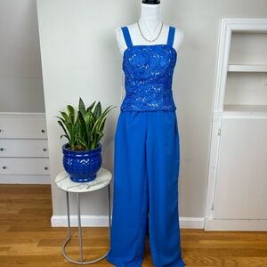 NWT Royal Blue Sequin Chiffon Wide Leg Pant Suit w/ Corset Top and Lace Jacket